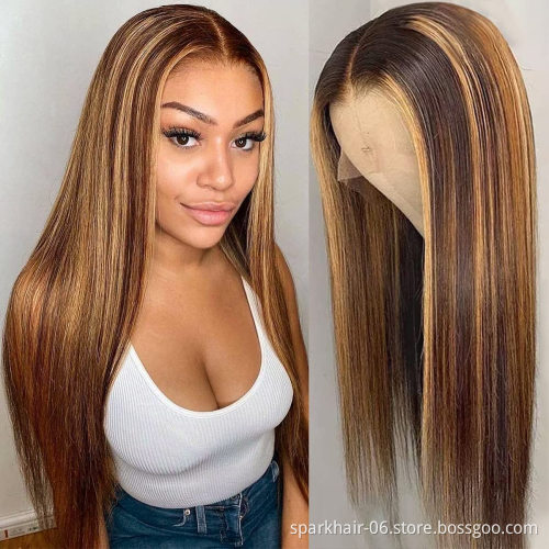 Top Quality Highlight Color 4/27 Dark Brown Virgin Human Hair Lace Front Bob Wig Bleached Knots With Baby Hair
